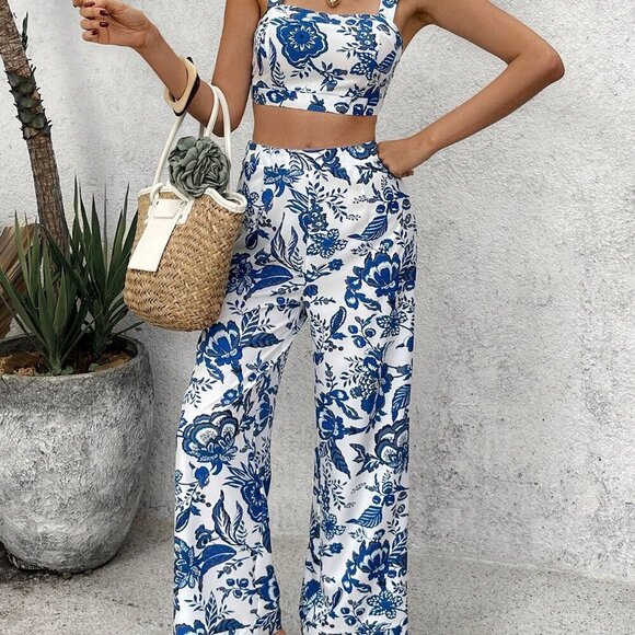Blue Boho Women's Backless Zipper Camisole And Loose Printed Pants - Picture 6 of 6